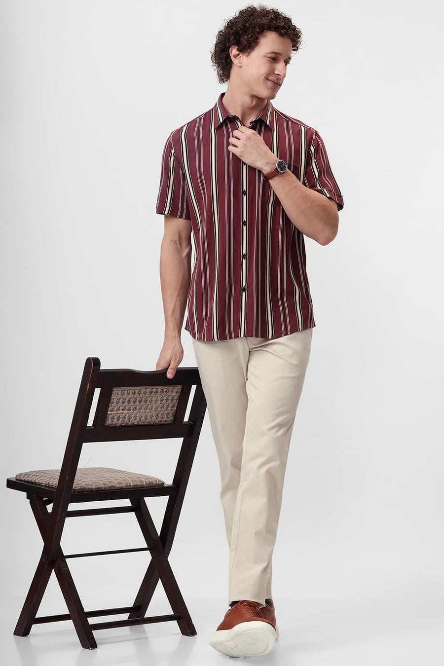 BASICS SLIM FIT RUBY WINE COTTON VISCOSE PRINTED STRIPE HALFSLEEVES SHIRT