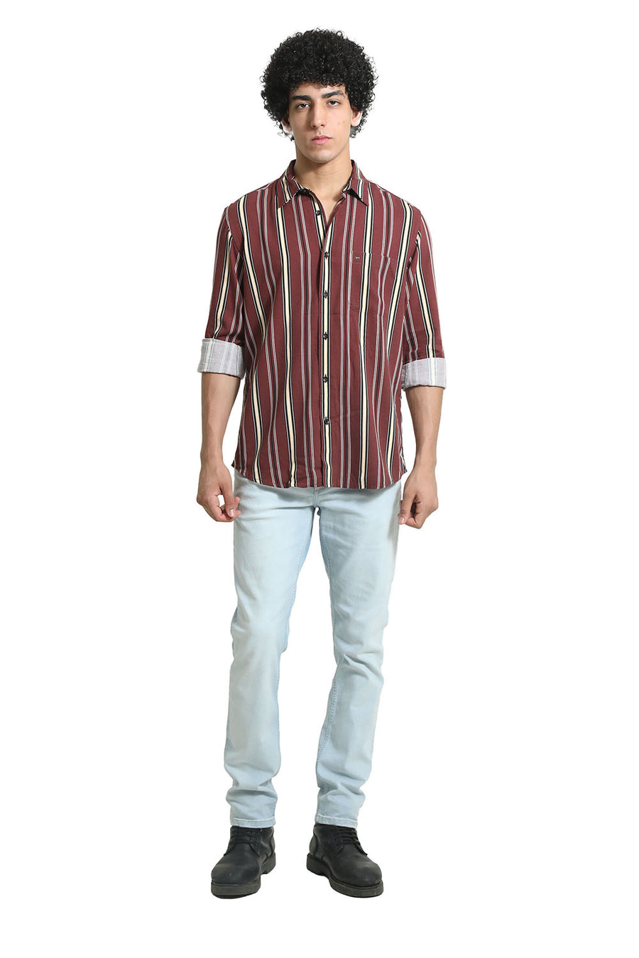 BASICS SLIM FIT RUBY WINE COTTON VISCOSE PRINTED STRIPE SHIRT