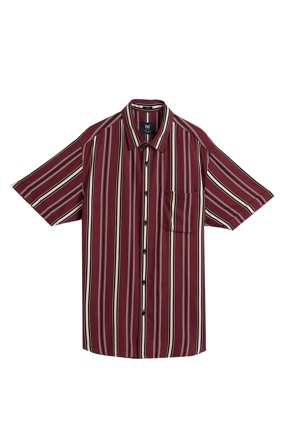 BASICS SLIM FIT RUBY WINE COTTON VISCOSE PRINTED STRIPE HALFSLEEVES SHIRT