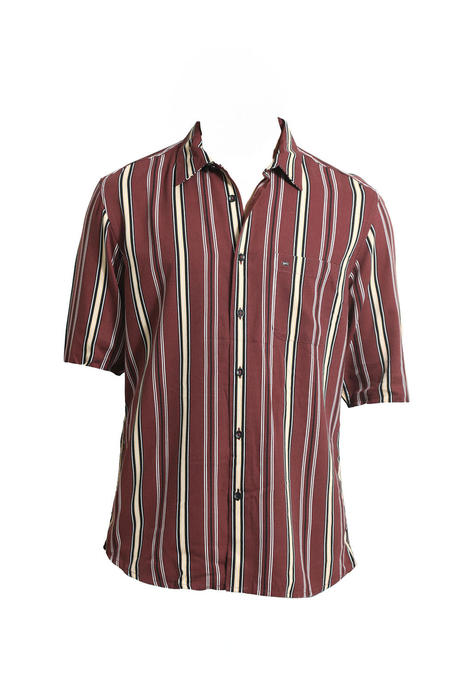 BASICS SLIM FIT RUBY WINE COTTON VISCOSE PRINTED STRIPE SHIRT