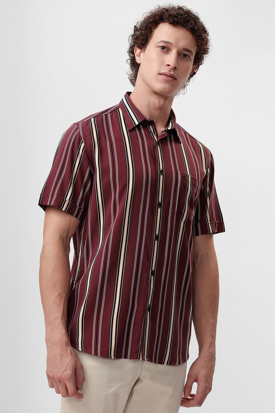 BASICS SLIM FIT RUBY WINE COTTON VISCOSE PRINTED STRIPE HALFSLEEVES SHIRT