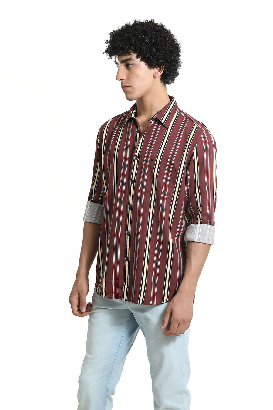 BASICS SLIM FIT RUBY WINE COTTON VISCOSE PRINTED STRIPE SHIRT