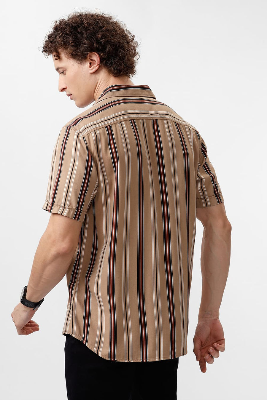 BASICS SLIM FIT CROSSIANT BROWN COTTON VISCOSE PRINTED STRIPE HALFSLEEVES SHIRT