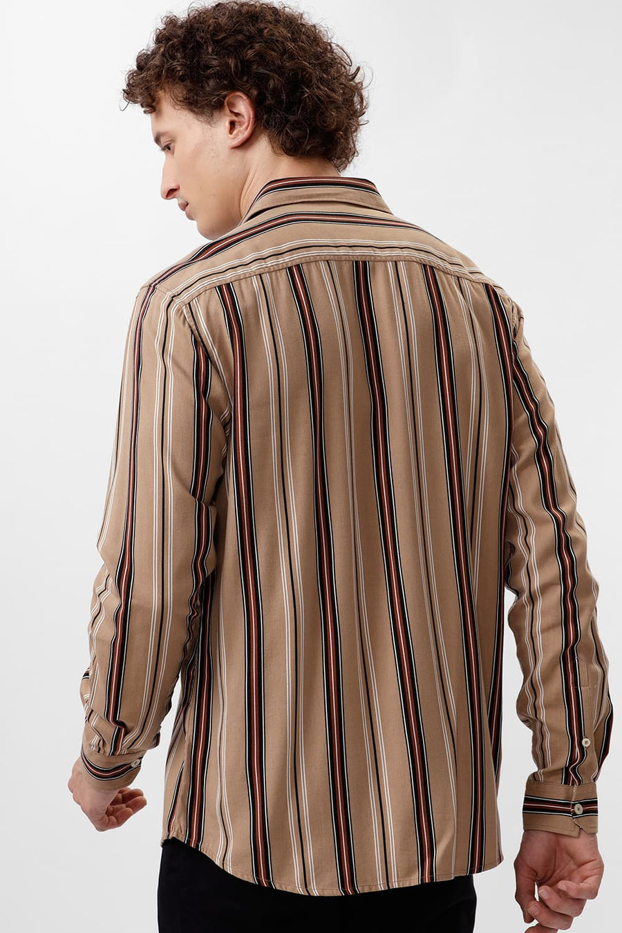 BASICS SLIM FIT CROSSIANT BROWN COTTON VISCOSE PRINTED STRIPE SHIRT