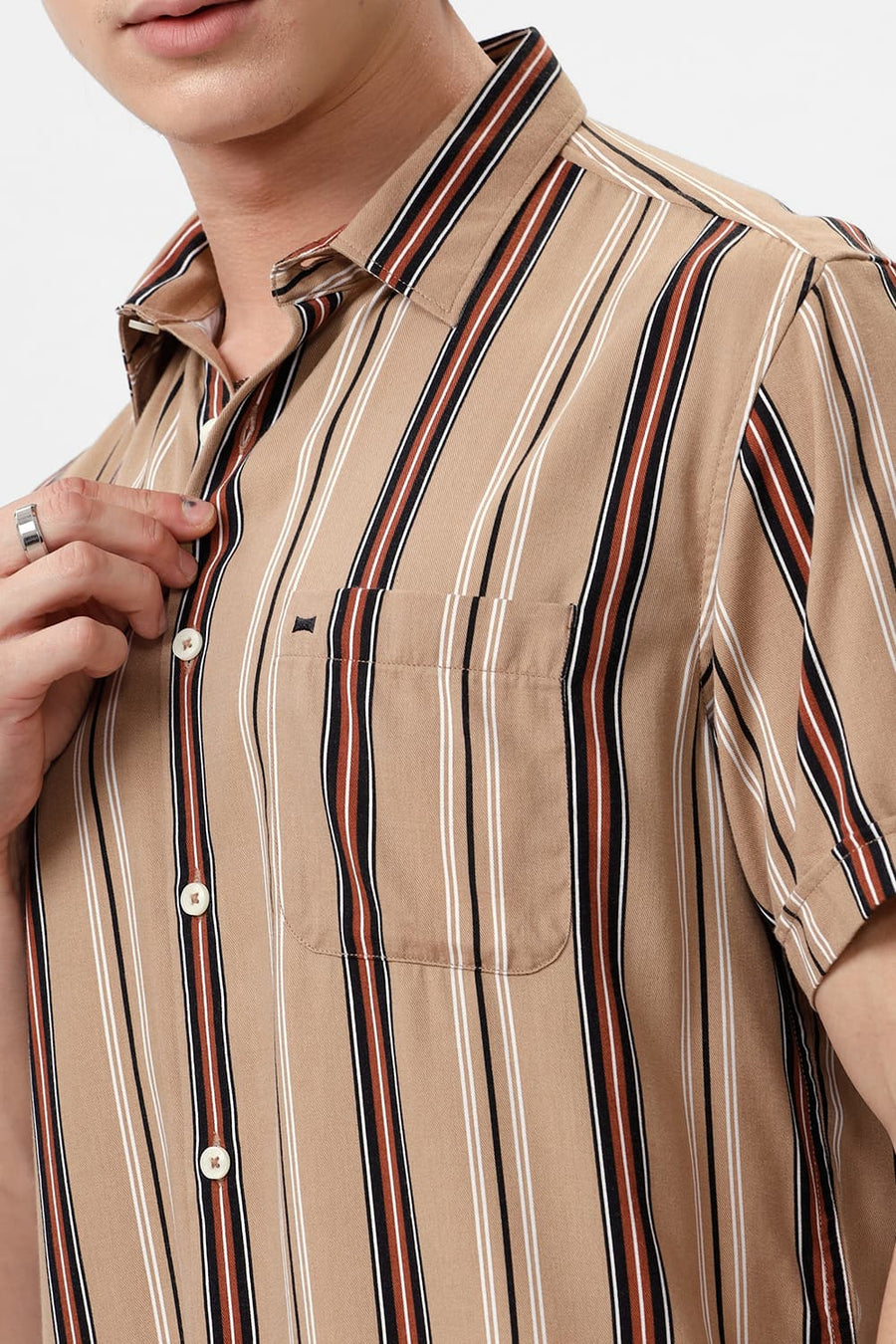 BASICS SLIM FIT CROSSIANT BROWN COTTON VISCOSE PRINTED STRIPE HALFSLEEVES SHIRT