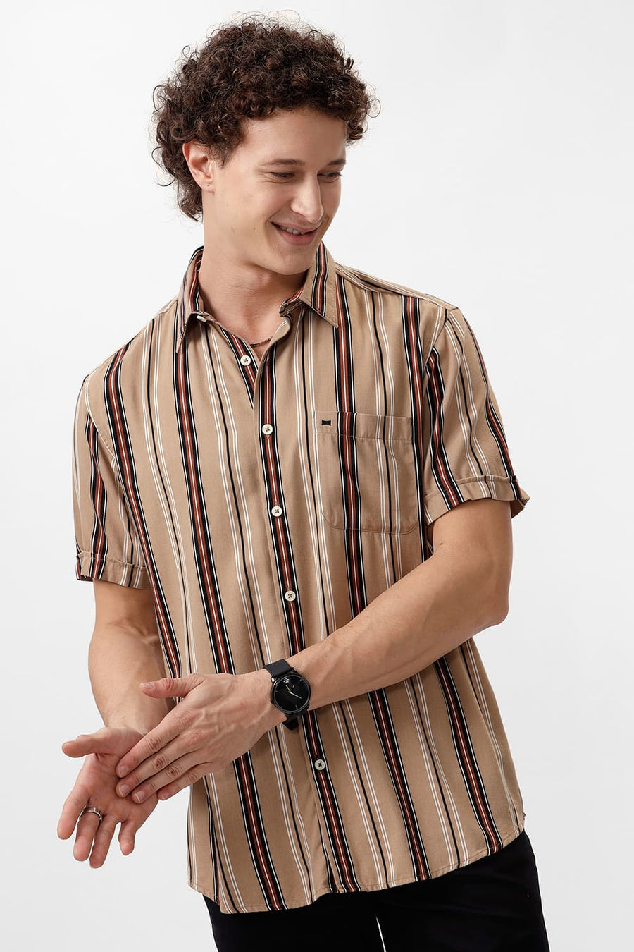 BASICS SLIM FIT CROSSIANT BROWN COTTON VISCOSE PRINTED STRIPE HALFSLEEVES SHIRT