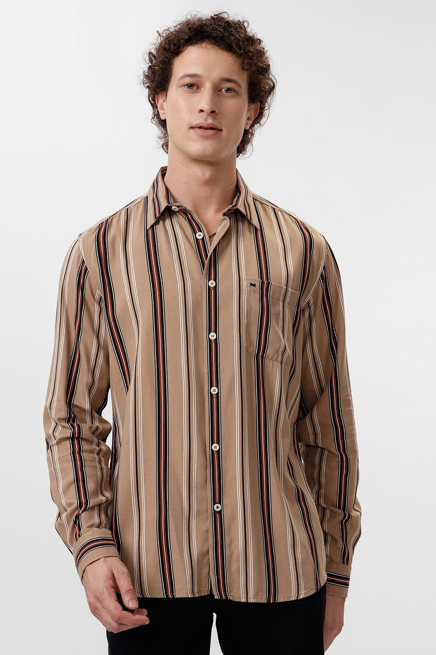 BASICS SLIM FIT CROSSIANT BROWN COTTON VISCOSE PRINTED STRIPE SHIRT