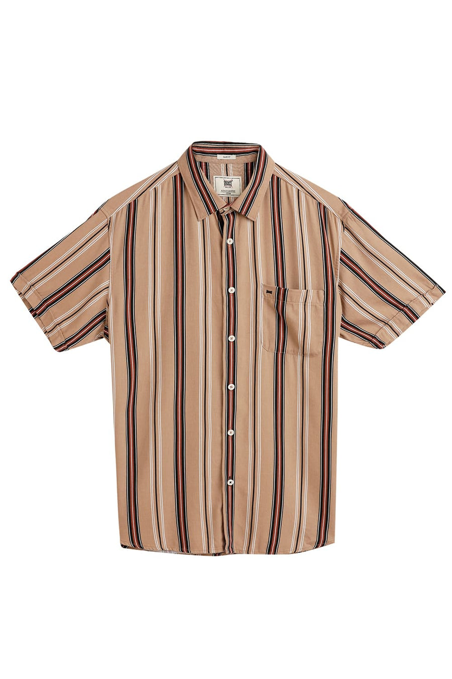 BASICS SLIM FIT CROSSIANT BROWN COTTON VISCOSE PRINTED STRIPE HALFSLEEVES SHIRT