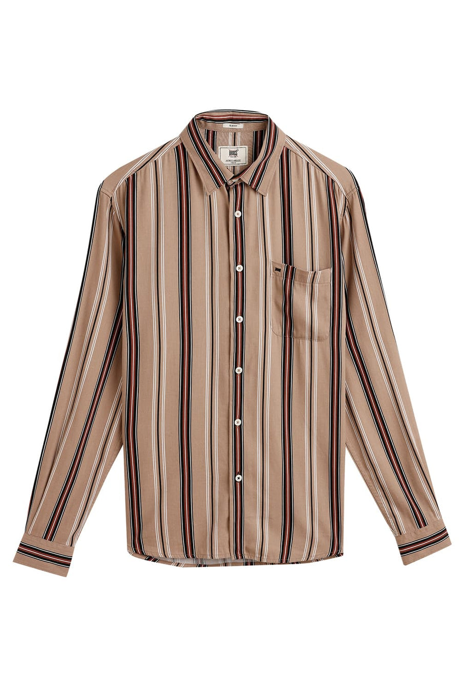 BASICS SLIM FIT CROSSIANT BROWN COTTON VISCOSE PRINTED STRIPE SHIRT