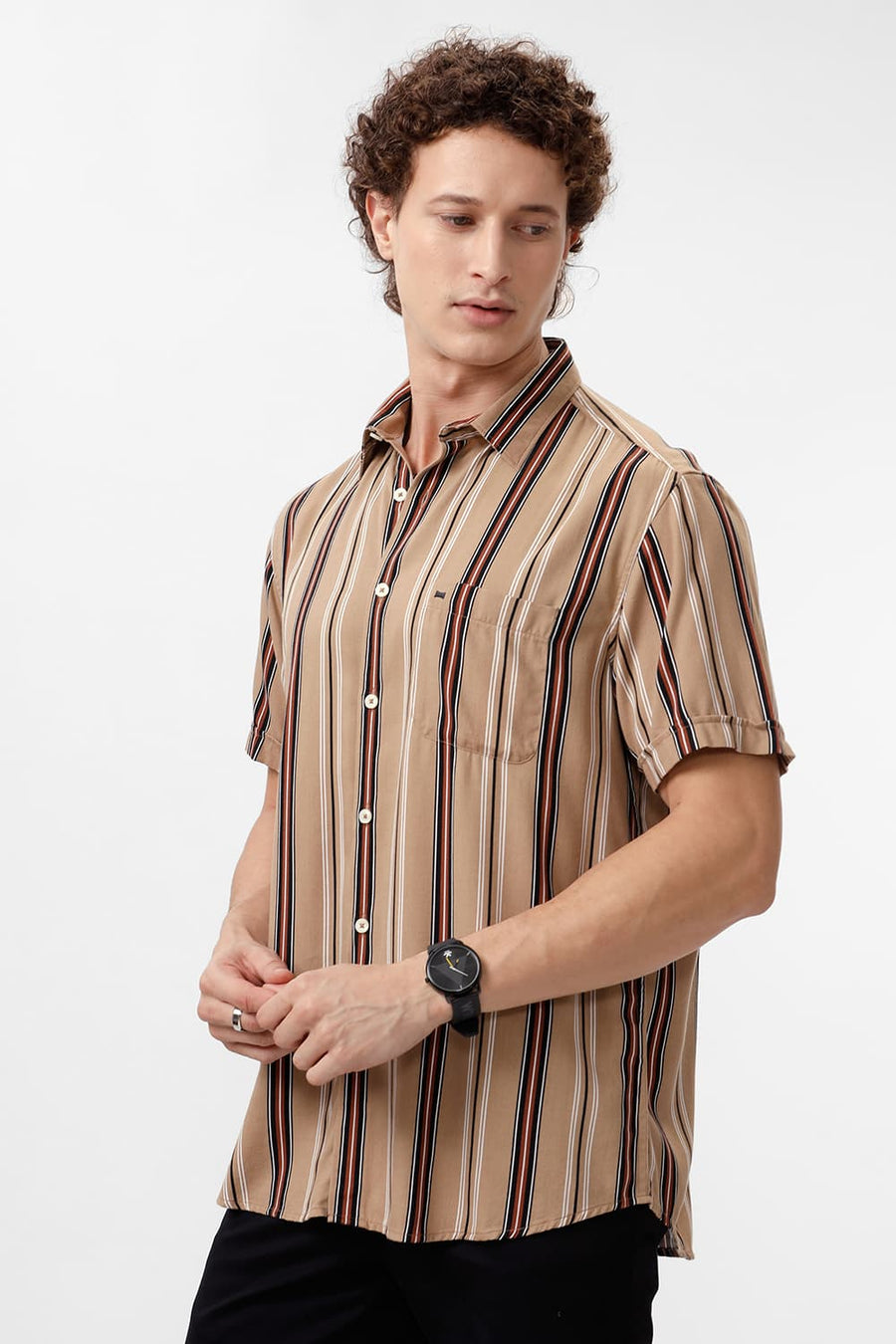 BASICS SLIM FIT CROSSIANT BROWN COTTON VISCOSE PRINTED STRIPE HALFSLEEVES SHIRT