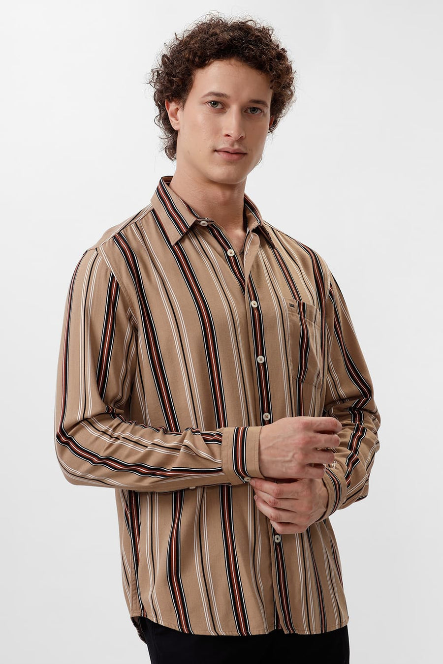 BASICS SLIM FIT CROSSIANT BROWN COTTON VISCOSE PRINTED STRIPE SHIRT