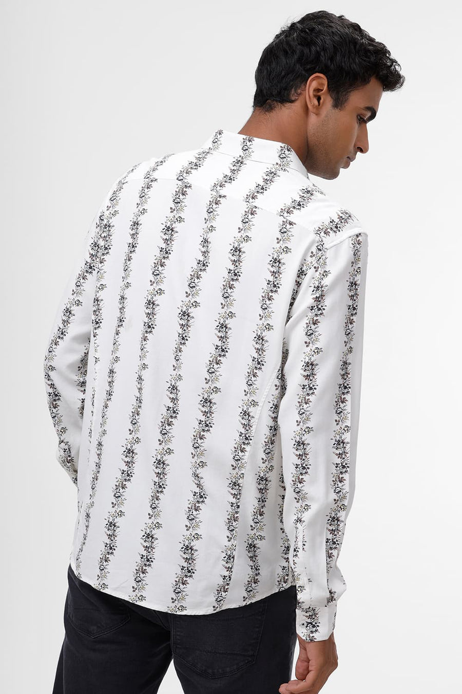 BASICS SLIM FIT STREAM WHITE COTTON VISCOSE PRINTED STRIPE SHIRT