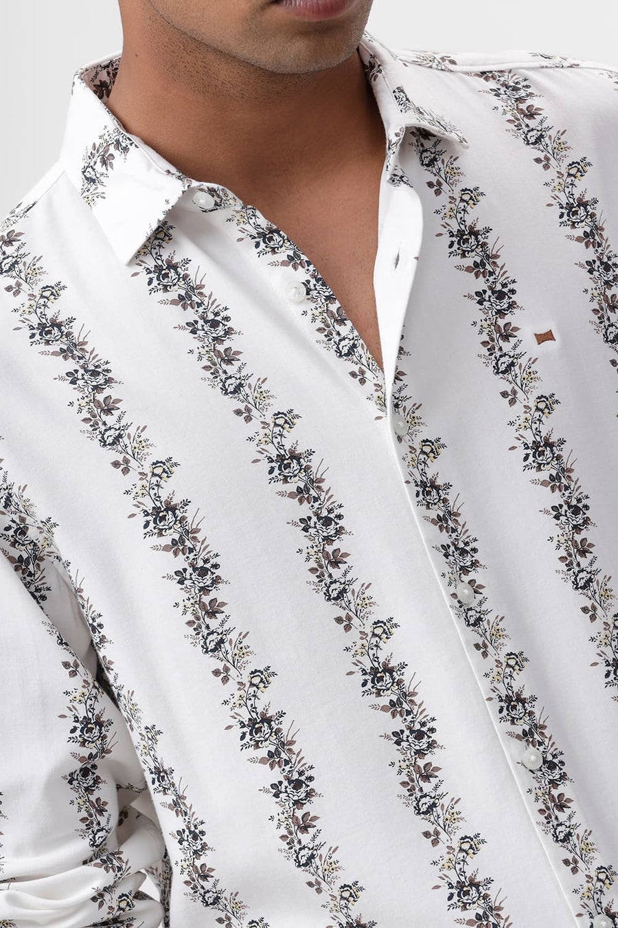 BASICS SLIM FIT STREAM WHITE COTTON VISCOSE PRINTED STRIPE SHIRT