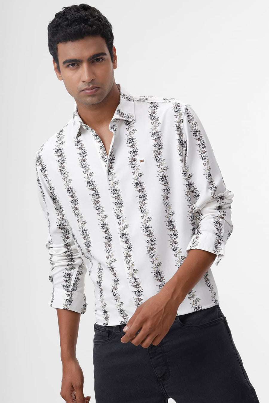 BASICS SLIM FIT STREAM WHITE COTTON VISCOSE PRINTED STRIPE SHIRT