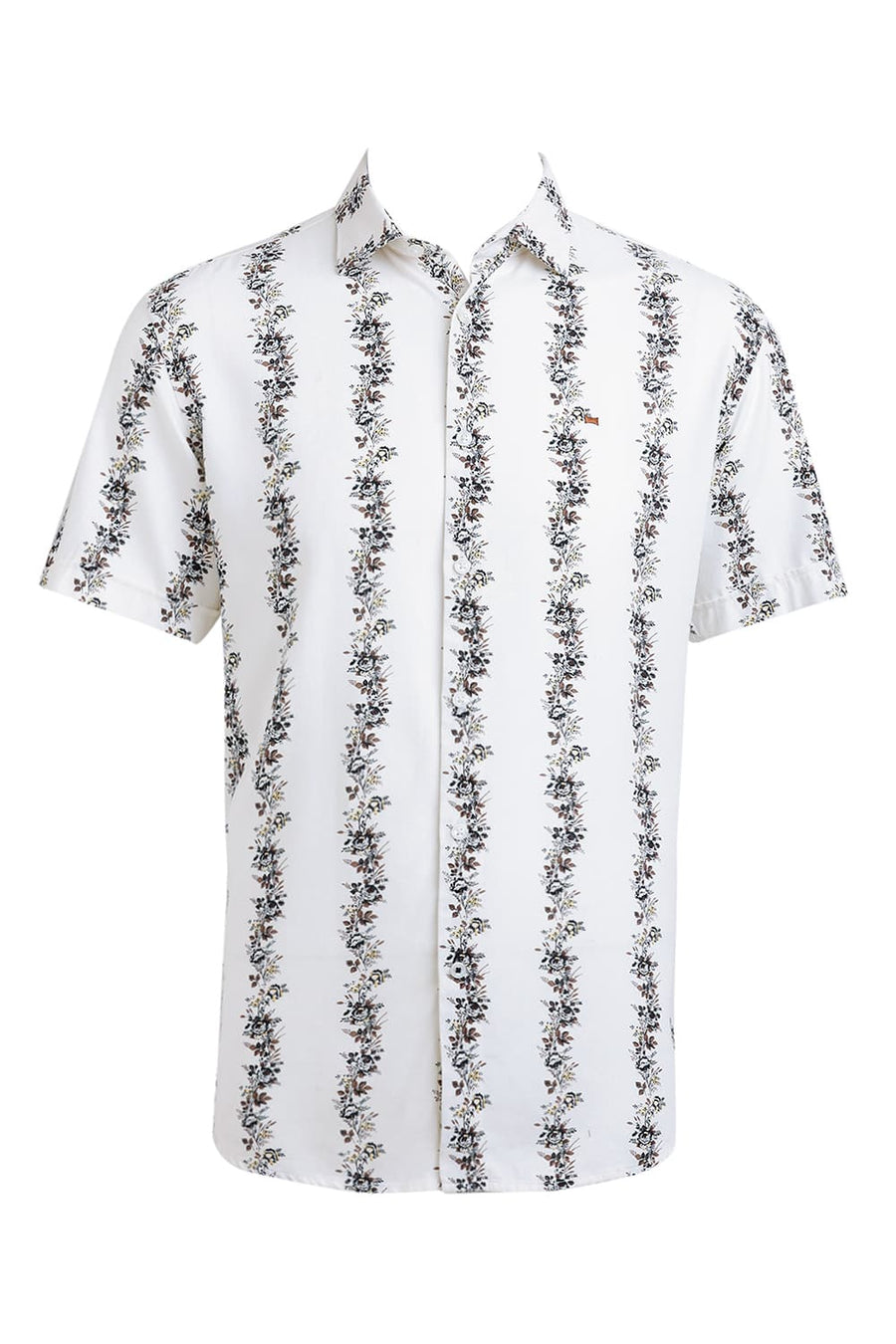 BASICS SLIM FIT STREAM WHITE COTTON VISCOSE PRINTED STRIPE HALFSLEEVES SHIRT