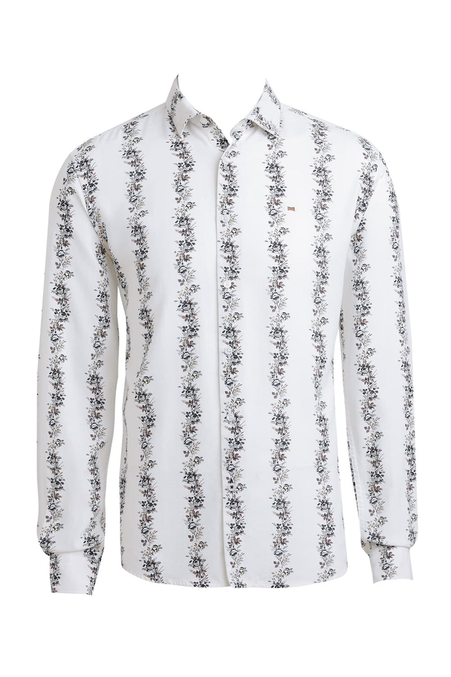 BASICS SLIM FIT STREAM WHITE COTTON VISCOSE PRINTED STRIPE SHIRT