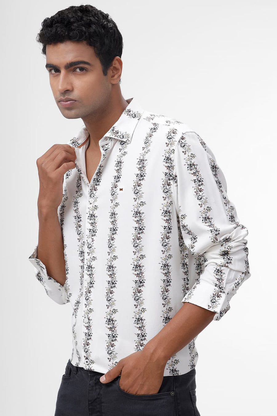 BASICS SLIM FIT STREAM WHITE COTTON VISCOSE PRINTED STRIPE SHIRT
