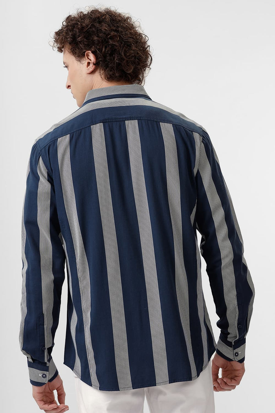 BASICS SLIM FIT NAVY BLUE COTTON VISCOSE PRINTED STRIPE SHIRT