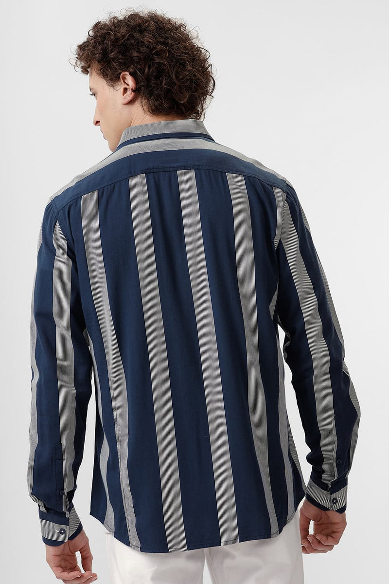 SLIM FIT COTTON VISCOSE PRINTED STRIPE SHIRT