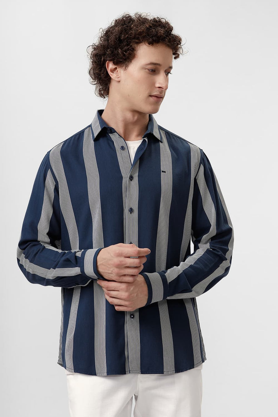 BASICS SLIM FIT NAVY BLUE COTTON VISCOSE PRINTED STRIPE SHIRT