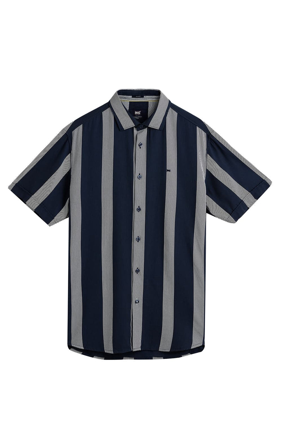 BASICS SLIM FIT NAVY BLUE COTTON VISCOSE PRINTED STRIPE HALFSLEEVES SHIRT