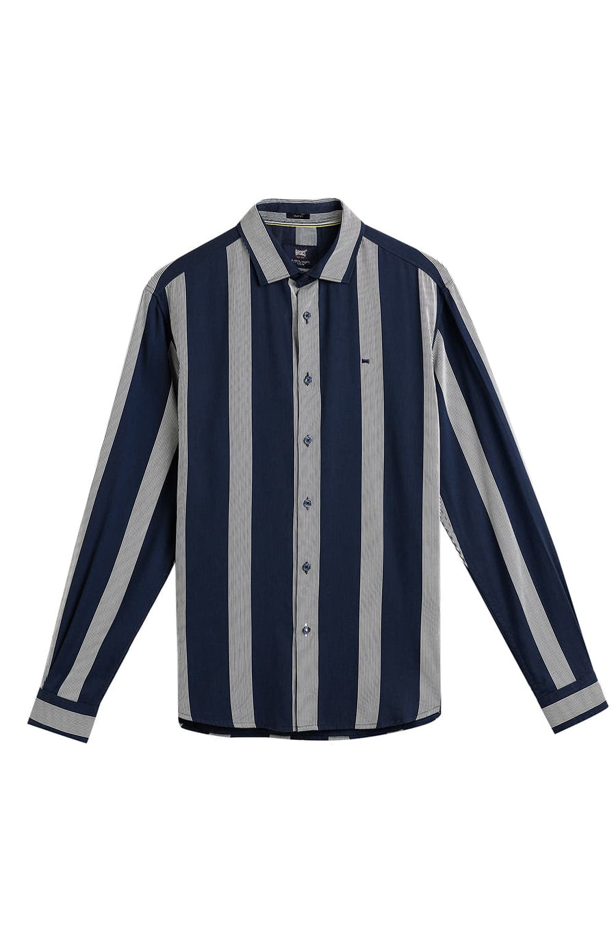 BASICS SLIM FIT NAVY BLUE COTTON VISCOSE PRINTED STRIPE SHIRT