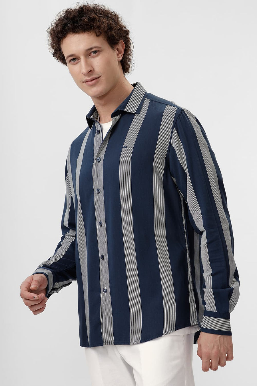 BASICS SLIM FIT NAVY BLUE COTTON VISCOSE PRINTED STRIPE SHIRT