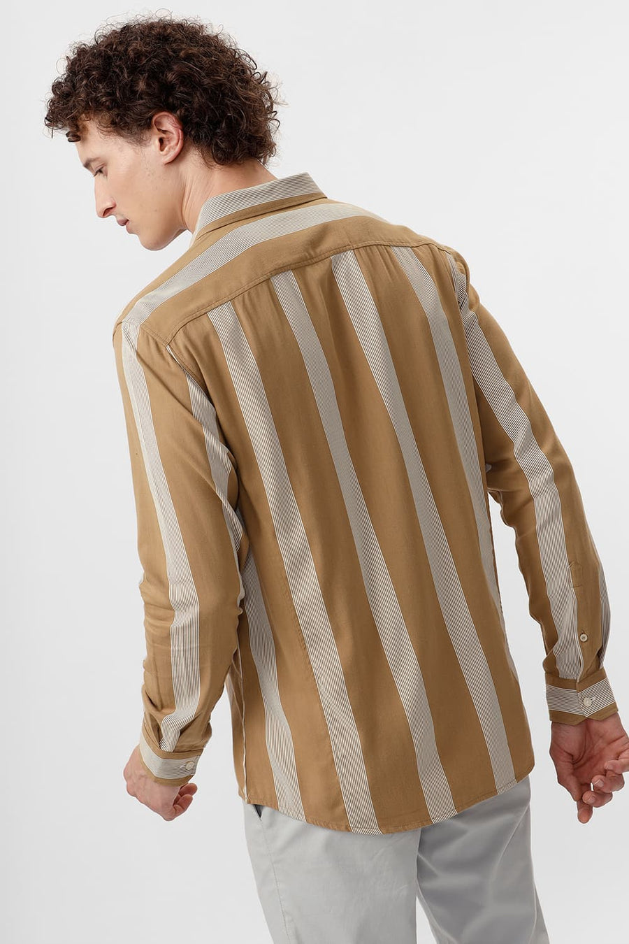 BASICS SLIM FIT ANTIQUE BROWN COTTON VISCOSE PRINTED STRIPE SHIRT