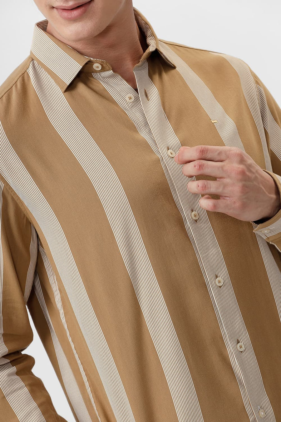 BASICS SLIM FIT ANTIQUE BROWN COTTON VISCOSE PRINTED STRIPE SHIRT
