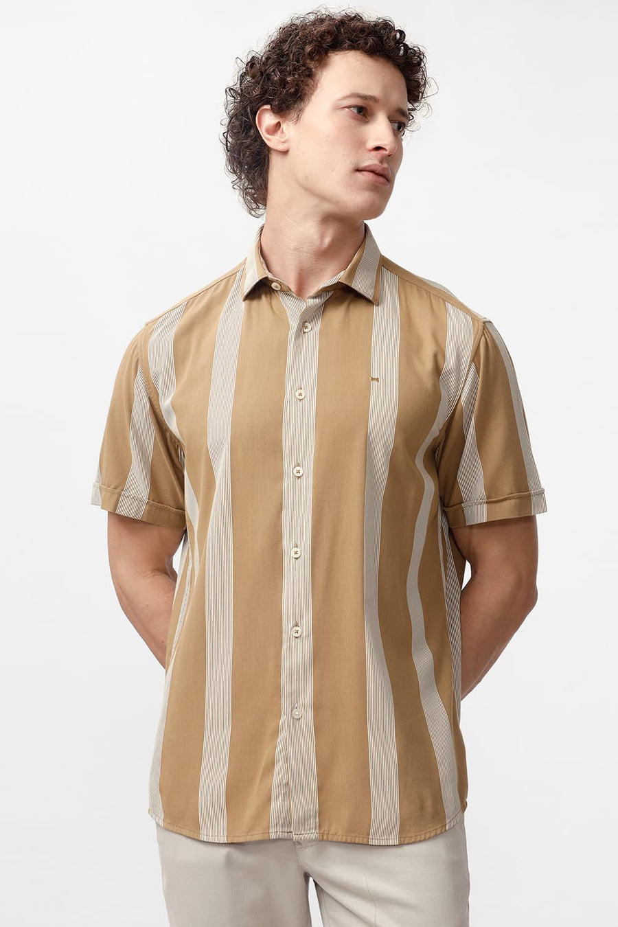 BASICS SLIM FIT ANTIQUE BROWN COTTON VISCOSE PRINTED STRIPE HALFSLEEVES SHIRT