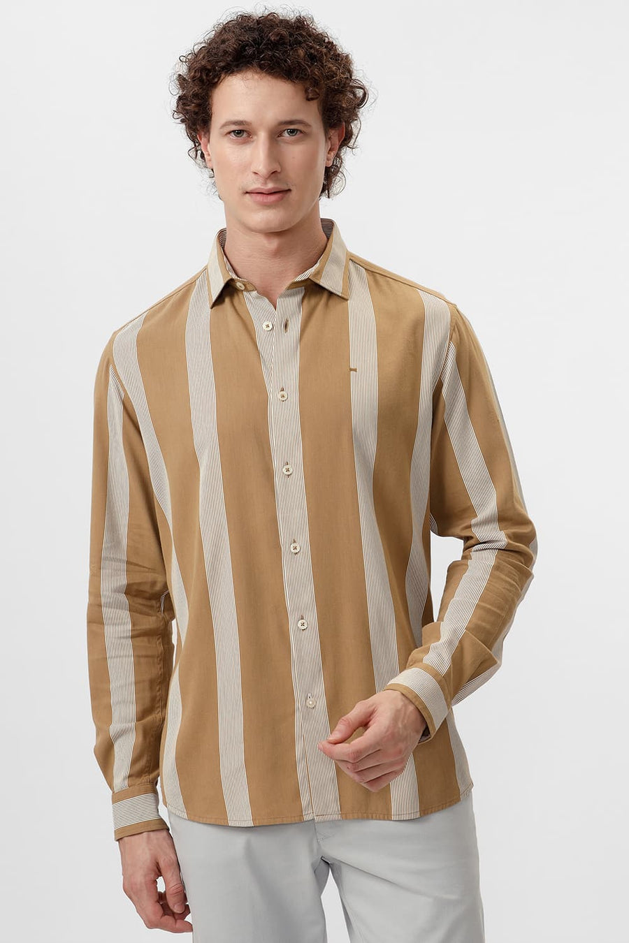 BASICS SLIM FIT ANTIQUE BROWN COTTON VISCOSE PRINTED STRIPE SHIRT