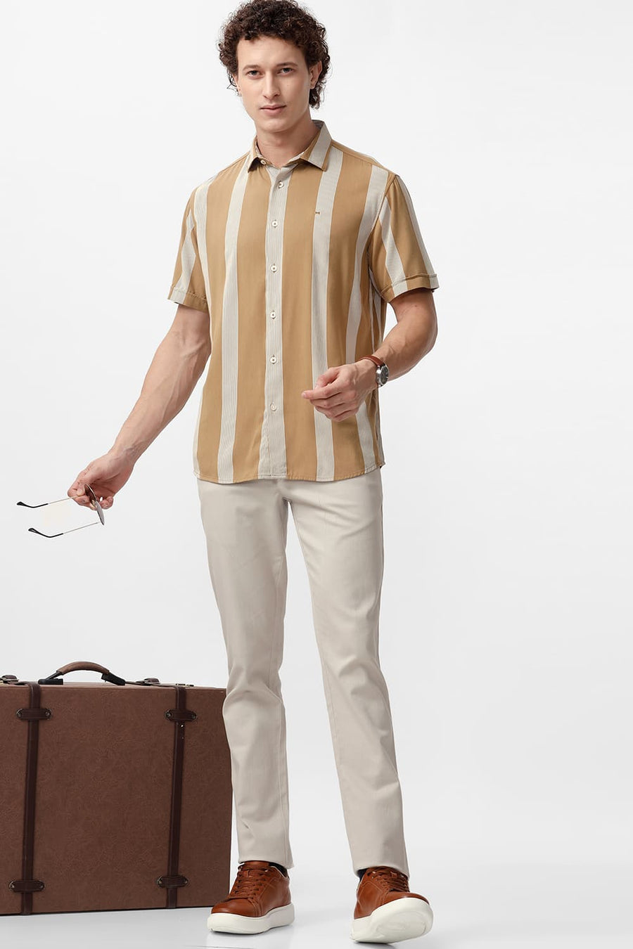 BASICS SLIM FIT ANTIQUE BROWN COTTON VISCOSE PRINTED STRIPE HALFSLEEVES SHIRT