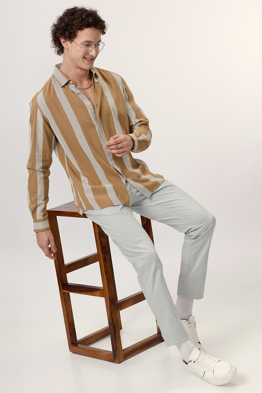 BASICS SLIM FIT ANTIQUE BROWN COTTON VISCOSE PRINTED STRIPE SHIRT