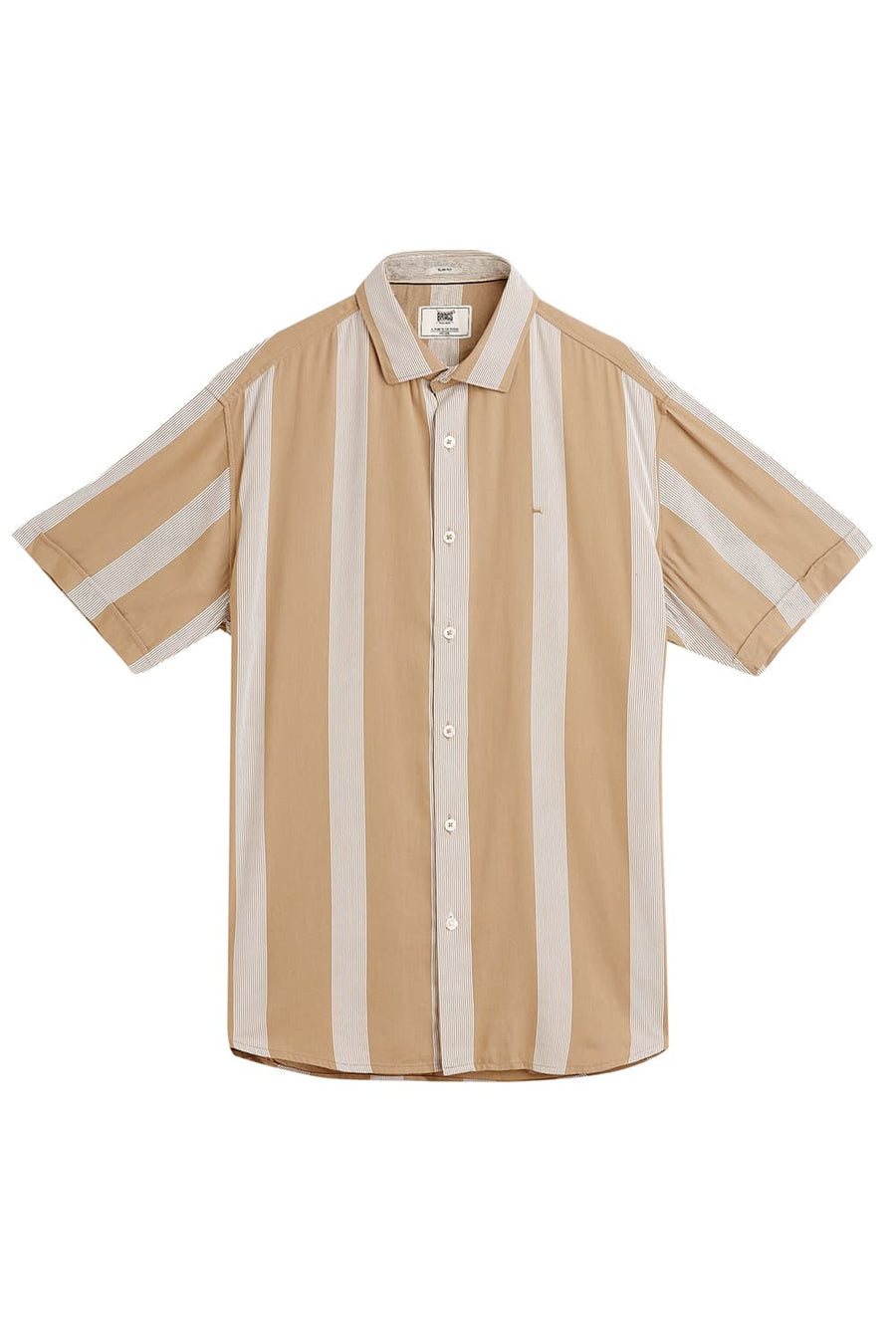 BASICS SLIM FIT ANTIQUE BROWN COTTON VISCOSE PRINTED STRIPE HALFSLEEVES SHIRT