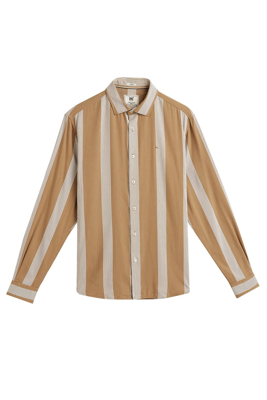 BASICS SLIM FIT ANTIQUE BROWN COTTON VISCOSE PRINTED STRIPE SHIRT
