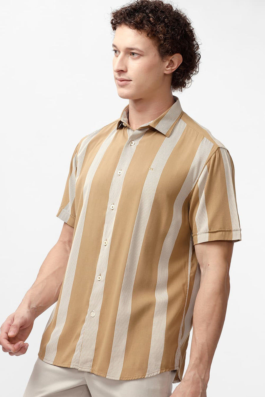 BASICS SLIM FIT ANTIQUE BROWN COTTON VISCOSE PRINTED STRIPE HALFSLEEVES SHIRT