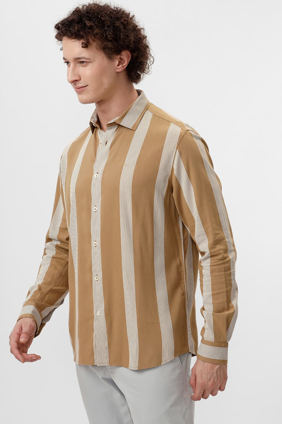 BASICS SLIM FIT ANTIQUE BROWN COTTON VISCOSE PRINTED STRIPE SHIRT