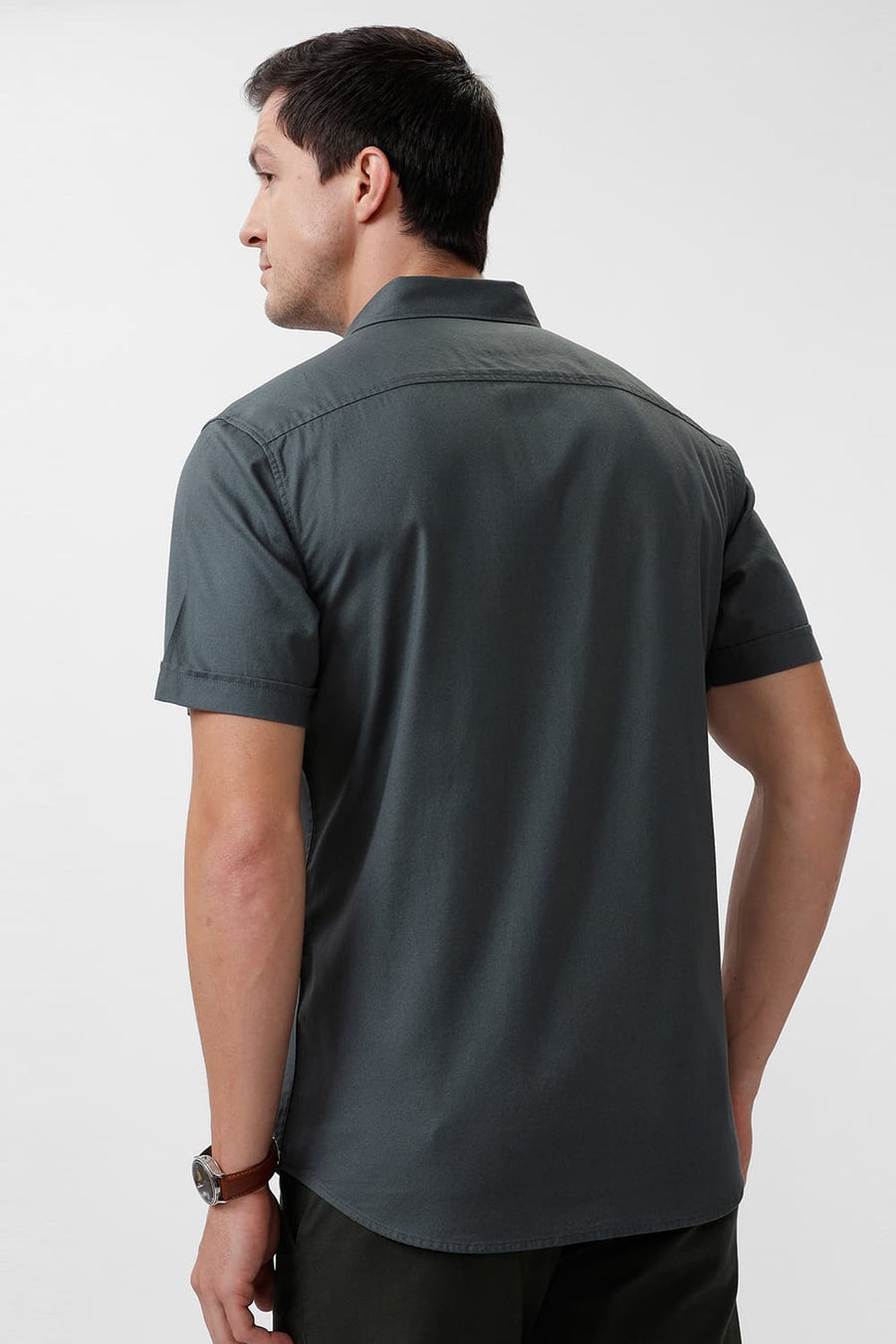 BASICS SLIM FIT BALSAM GREY COTTON CREPE HALFSLEEVES SHIRT