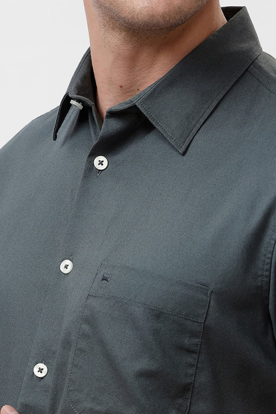 BASICS SLIM FIT BALSAM GREY COTTON CREPE HALFSLEEVES SHIRT