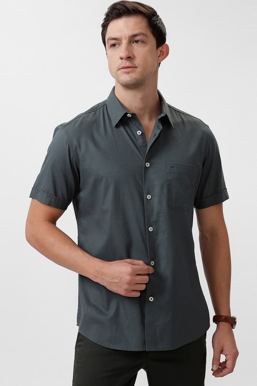 BASICS SLIM FIT BALSAM GREY COTTON CREPE HALFSLEEVES SHIRT