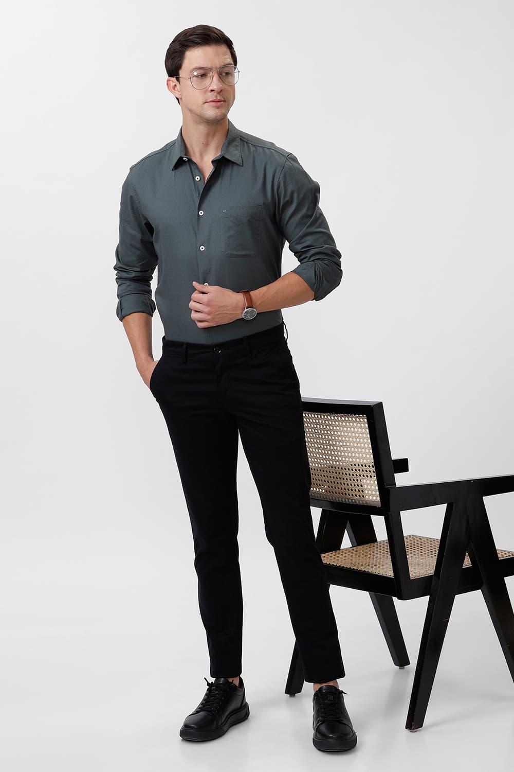 BASICS SLIM FIT BALSAM GREY COTTON CREPE SHIRT