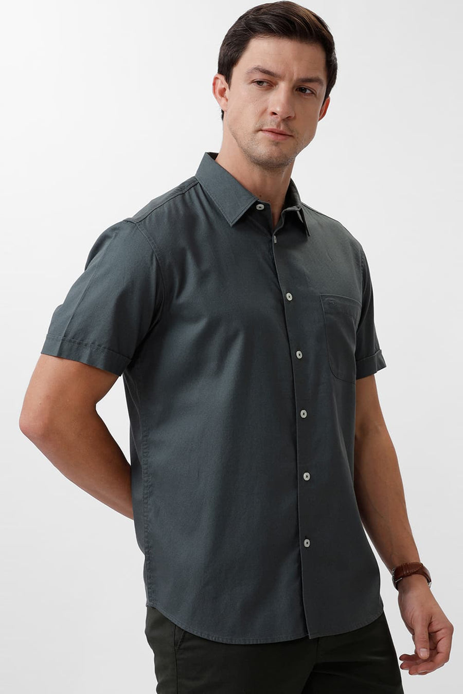BASICS SLIM FIT BALSAM GREY COTTON CREPE HALFSLEEVES SHIRT