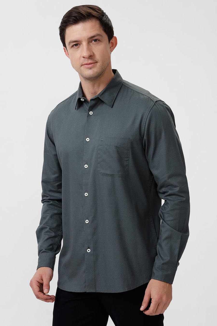 BASICS SLIM FIT BALSAM GREY COTTON CREPE SHIRT