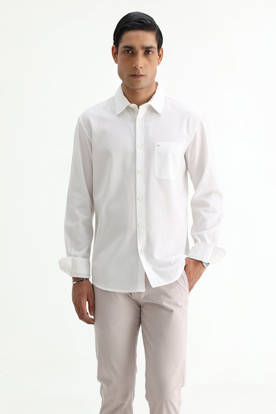 BASICS SLIM FIT BRILLIANT WHITE COTTON CREPE SHIRT