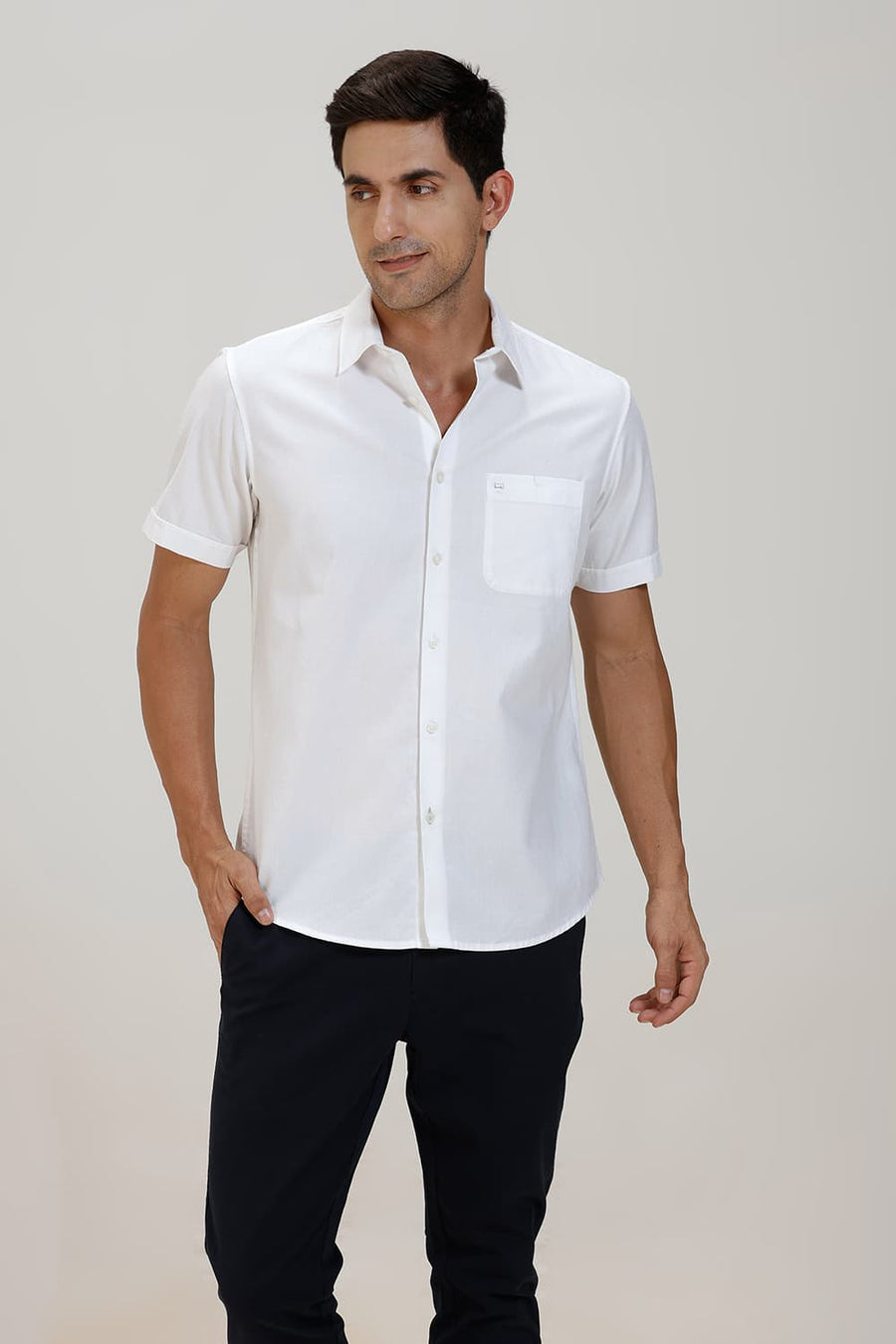 BASICS SLIM FIT BRILLIANT WHITE COTTON CREPE HALFSLEEVES SHIRT