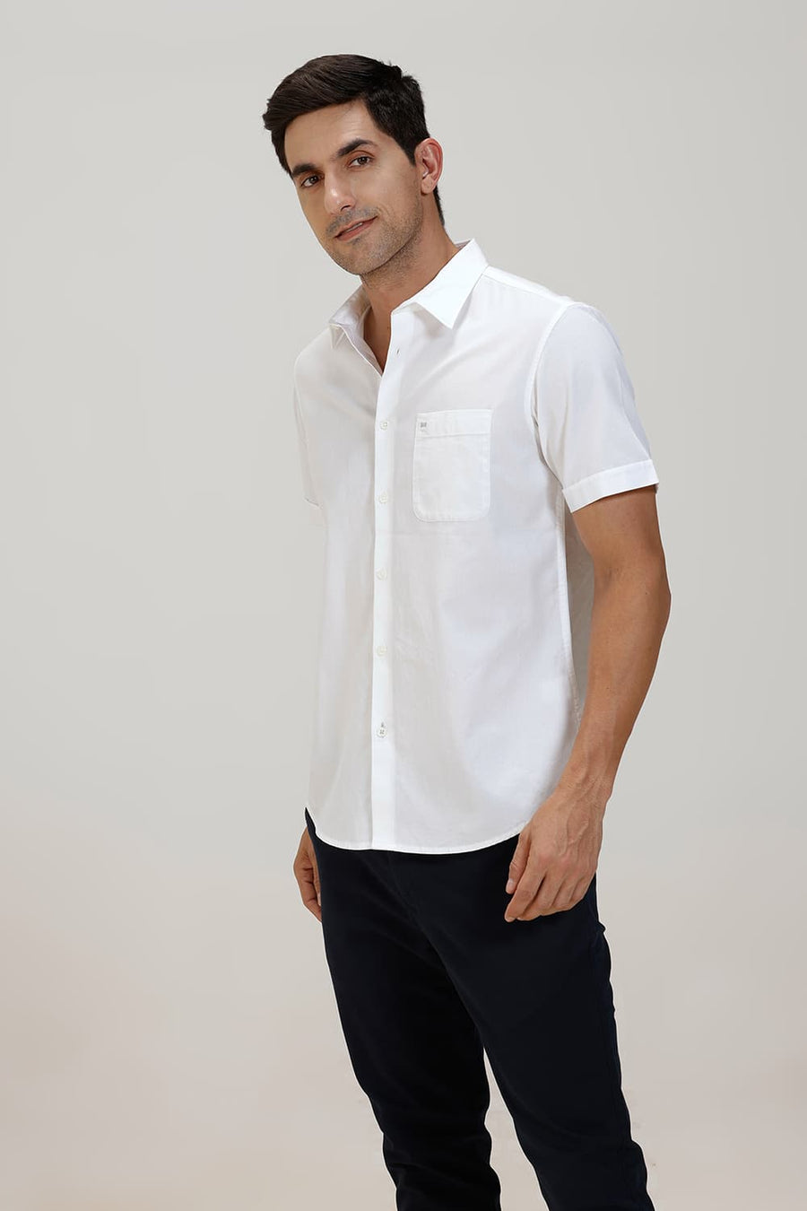 BASICS SLIM FIT BRILLIANT WHITE COTTON CREPE HALFSLEEVES SHIRT