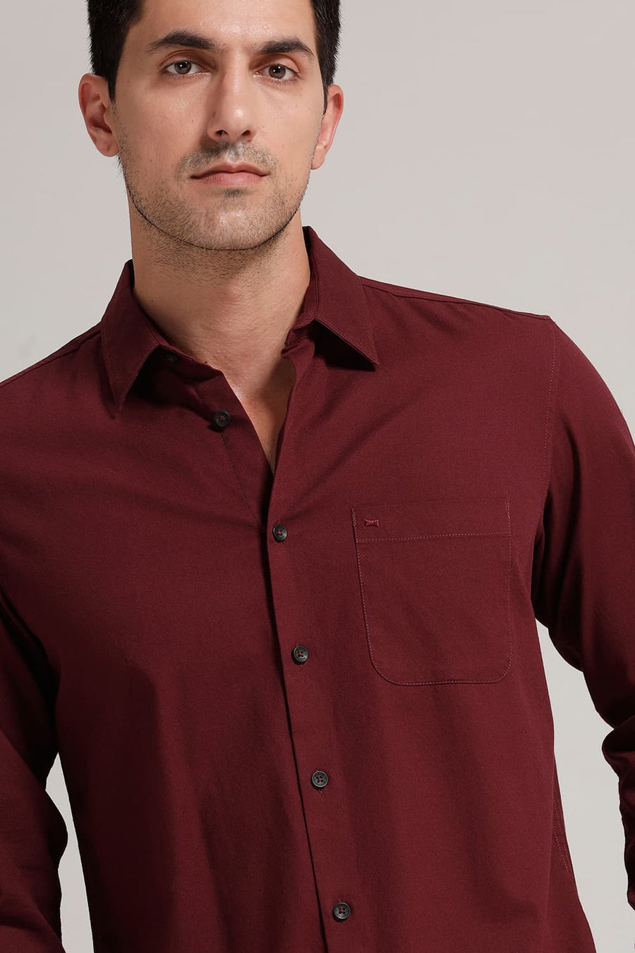 BASICS SLIM FIT ZINFANDEL MAROON COTTON CREPE SHIRT