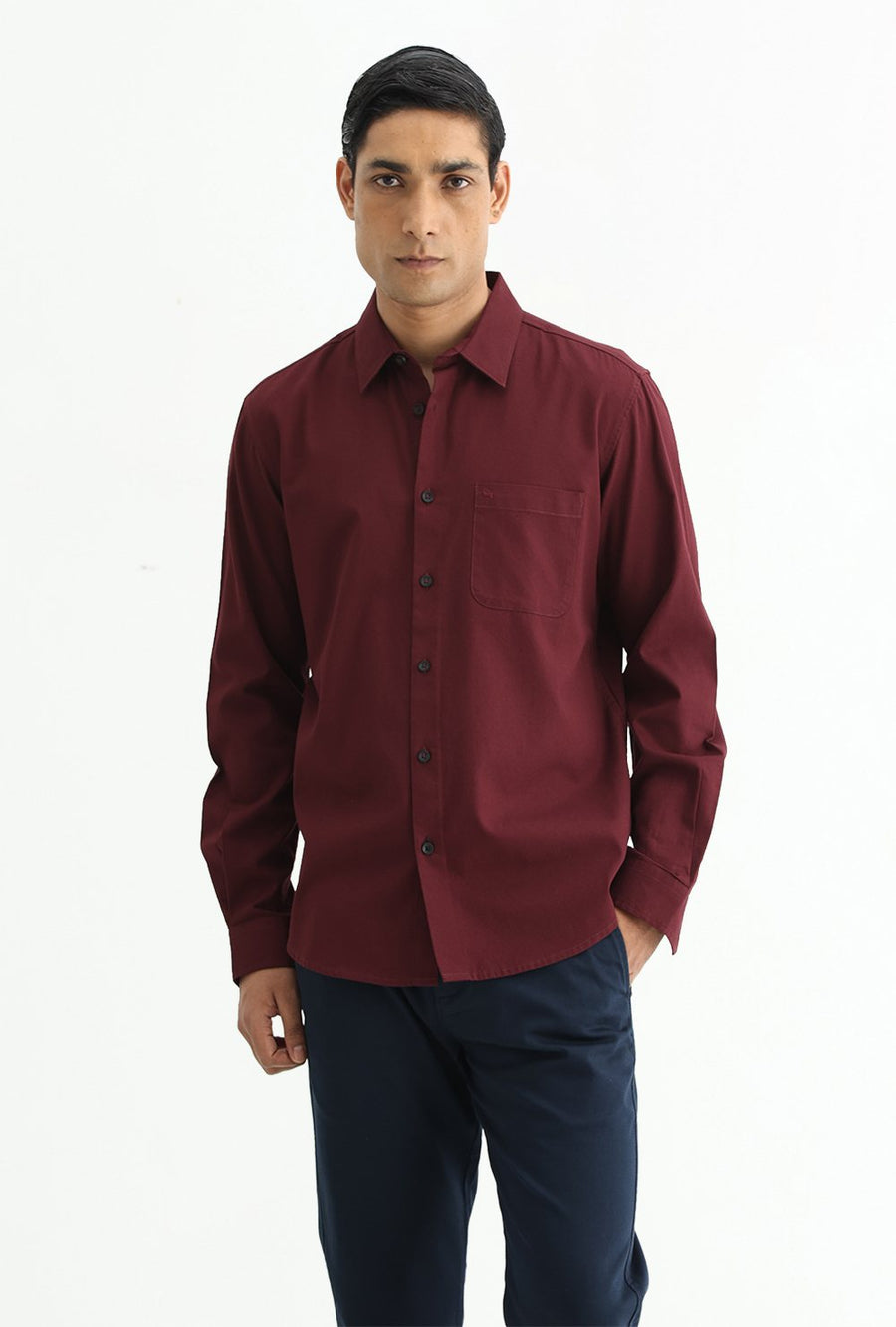 BASICS SLIM FIT ZINFANDEL MAROON COTTON CREPE SHIRT
