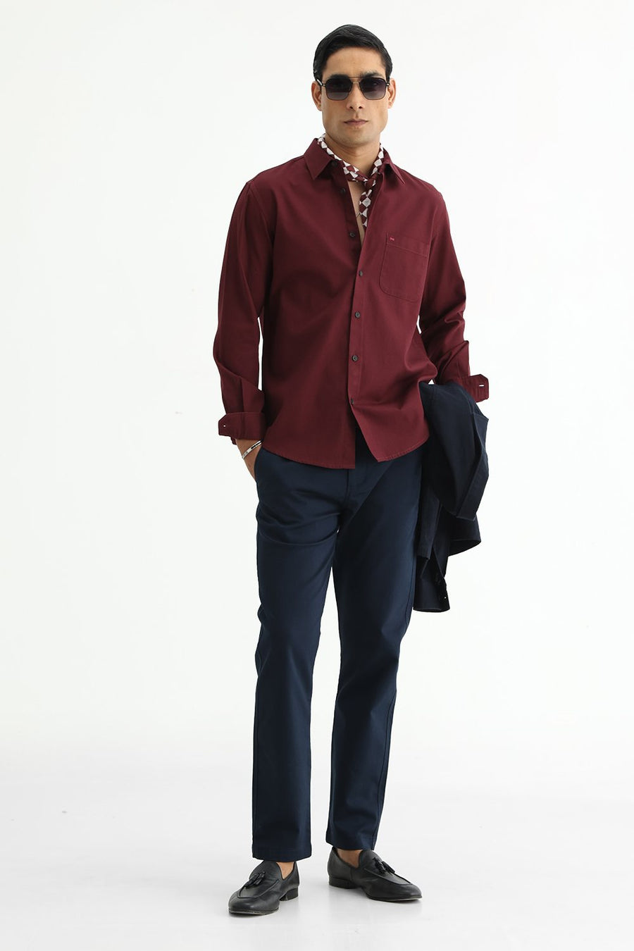 BASICS SLIM FIT ZINFANDEL MAROON COTTON CREPE SHIRT