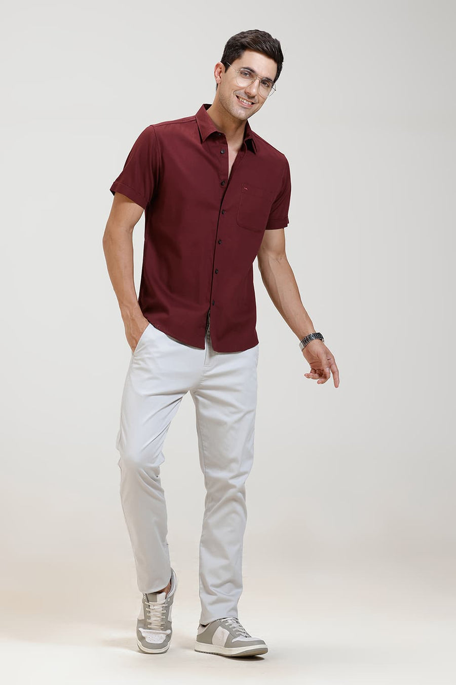 BASICS SLIM FIT ZINFANDEL MAROON COTTON CREPE HALFSLEEVES SHIRT